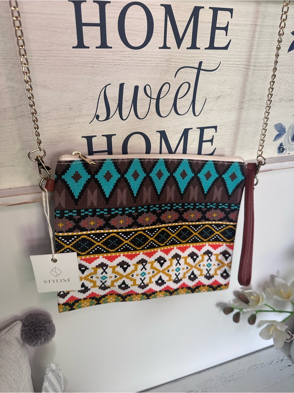 NWT Aztec Pattern Crossbody Wristlet convertible Bag - Turquoise & Brown